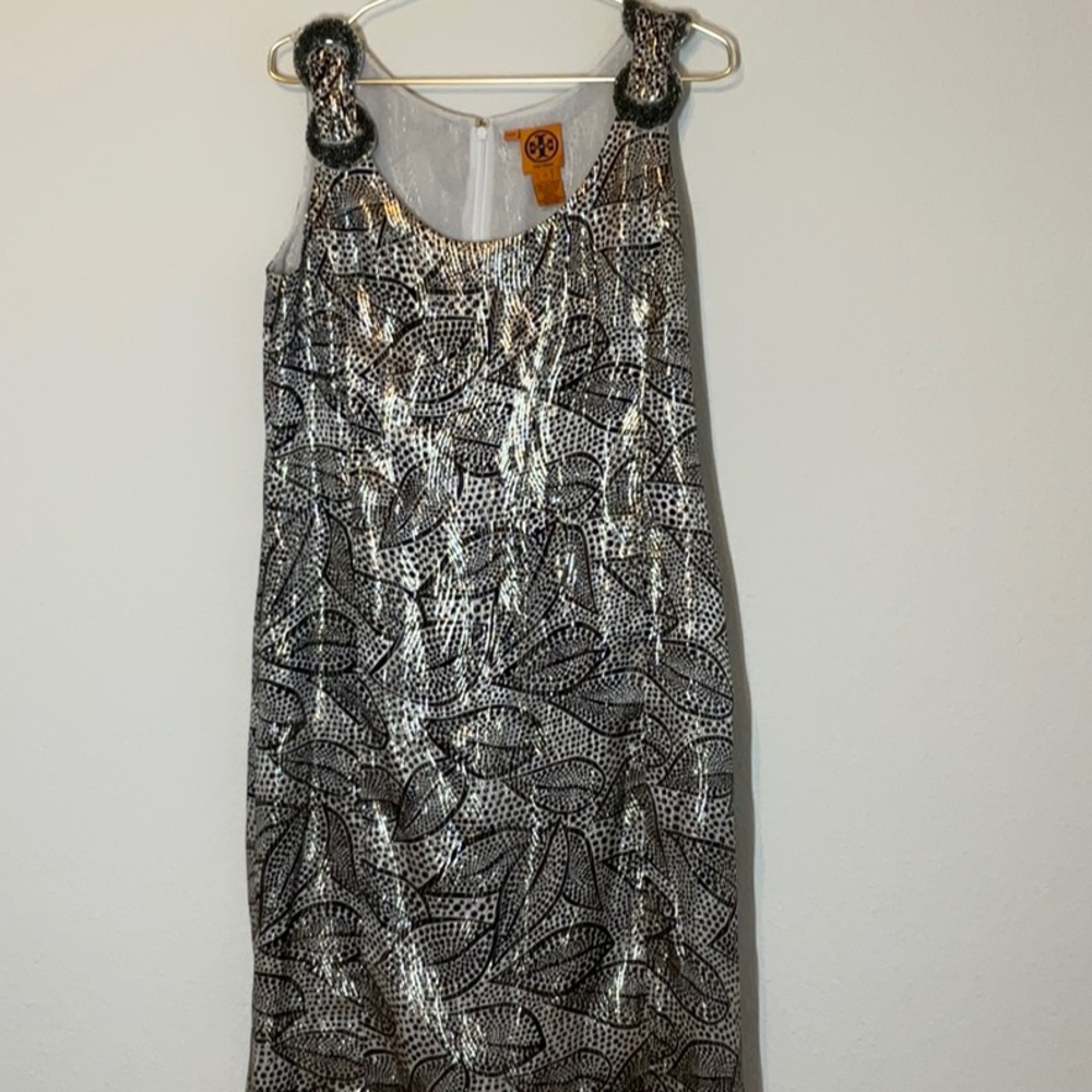 Tory Burch Silk Blend Jaquard Sleeveless Sheath Dress Metallic Size 12 - Picture 2 of 11